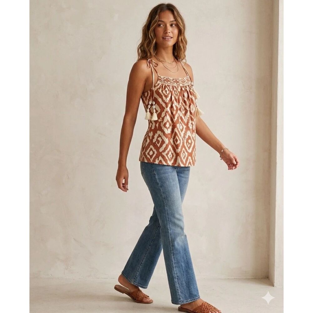 Haute Hippie Halter Top Womens Sz S Boho Tribal Tie Shoulder Brown Ikat Seashell